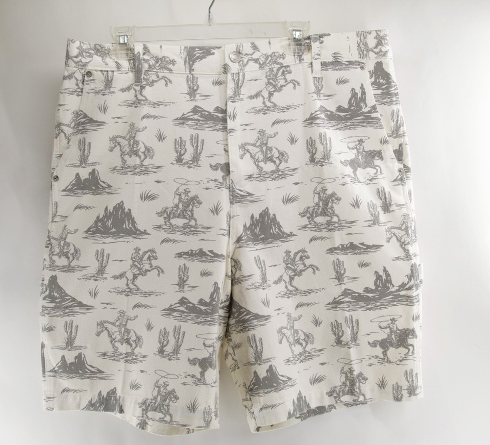 RSQ Mens Loose Fit Denim Shorts Size 36 10" NWT Western Cowboy Toile Print White